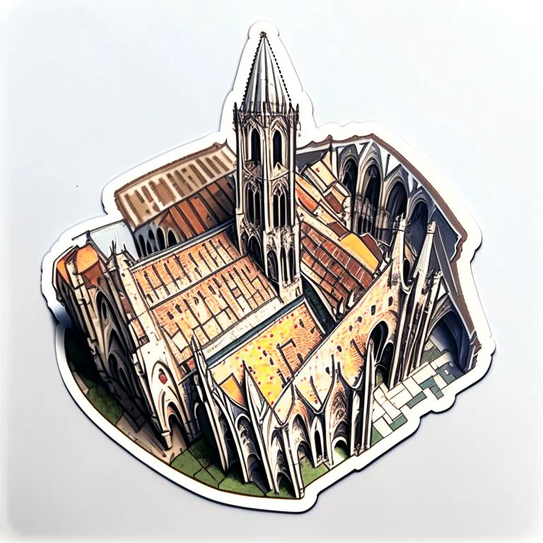 aerial view digital drawing of a medieval cathedral as a sticker