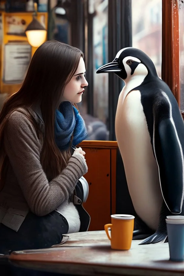 young woman talk to a penguin in coffee-shop