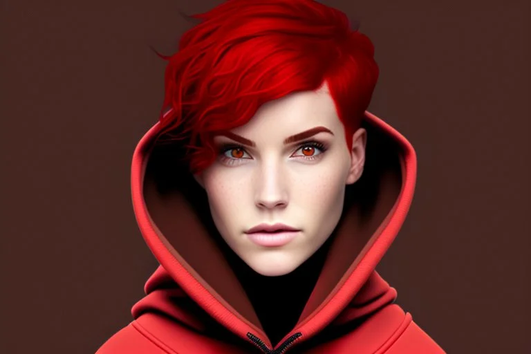 A woman with short, bright red hair, brown eyes, wearing a black hoodie.