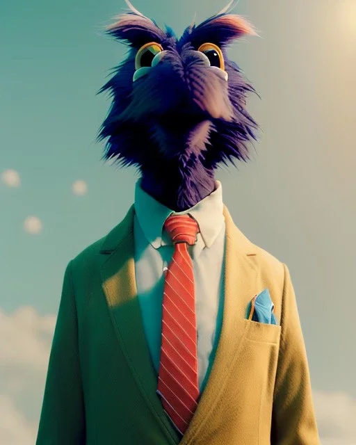 Realistic image, hybrid character, Sesame Street muppet, head, man body, human arms and hands, Shirt and tie, Wes Anderson style, concept art, smooth, unreal engine 5, god lights, ray tracing, RTX, lumen lighting, ultra detail, volumetric lighting, 3d, finely drawn, high definition, 4k.