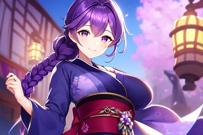 girl, masterpiece, best quality, volumetric lighting, detailed outfit, perfect eyes, purple hair, purple eyes, obi, braided ponytail, smile,