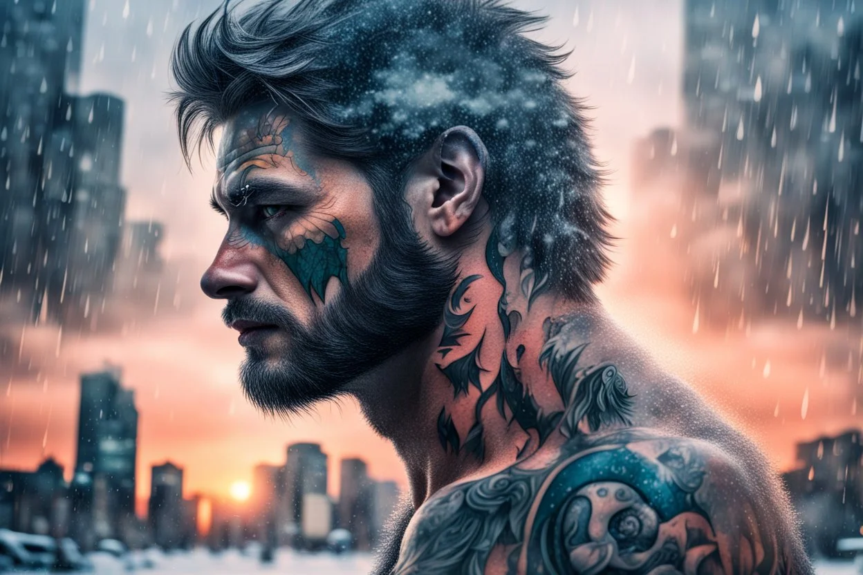 double exposure, Wolf Man, man, city, sunset, snow, rain, fantasy, mystical, tattoo, vertical pupils, high detail, high resolution, 8K