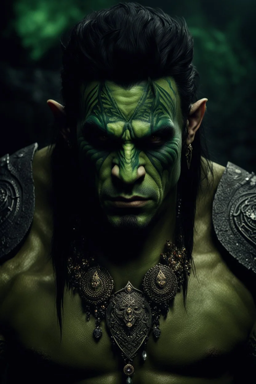 portrait of an orc king with pale skin. scar running across one eye. Tribal Tattoos Dark hair and green eyes. His look is sad. Half of his head is shaved. wearing jewellery. High resolution. 4K. 8K. Dark Fantasy style. Cave in the background