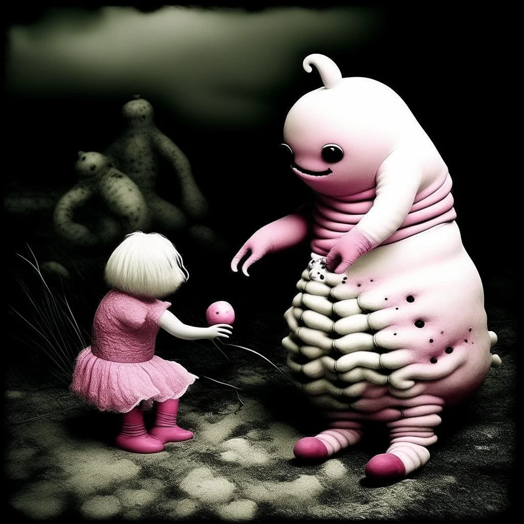 Dramatic vintage photograph, databending, off-white mottled crepey skinned fat Lovecraftian hybrid made from a marshmallow-like substance with a nervous look on face shaking hands with an anthropomorphic hamster wearing a pink dress with black-white stripe leggings and red boots, thought provoking, dark humor, sinister whimsey, dynamic composition, sfumato, complex contrast, shock value image, oddball masterpiece