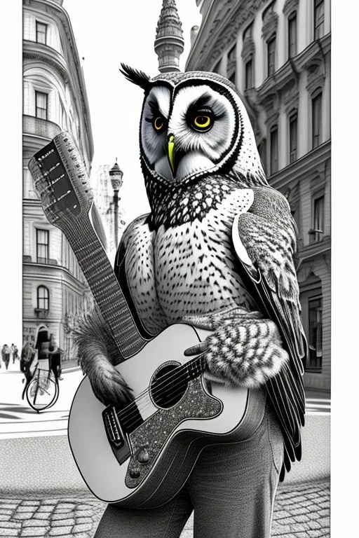 One single mature owl, playing guitar in the street , Vienna, friendly, sunny day, perfect iris, model style, hyper realistic, extremely accurate, delicate, extremely detailed, Graphic novel style, wide-angle, open aperture, superfine pencil