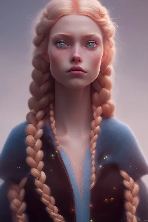 Woman, cute, beautiful, orange hair, two braids, bangs, blue eyes, big eyes, freckles, long eyelashes, pink lipstick, thin lips, big tit, Anna from Frozen, 8k resolution concept art portrait by Greg Rutkowski