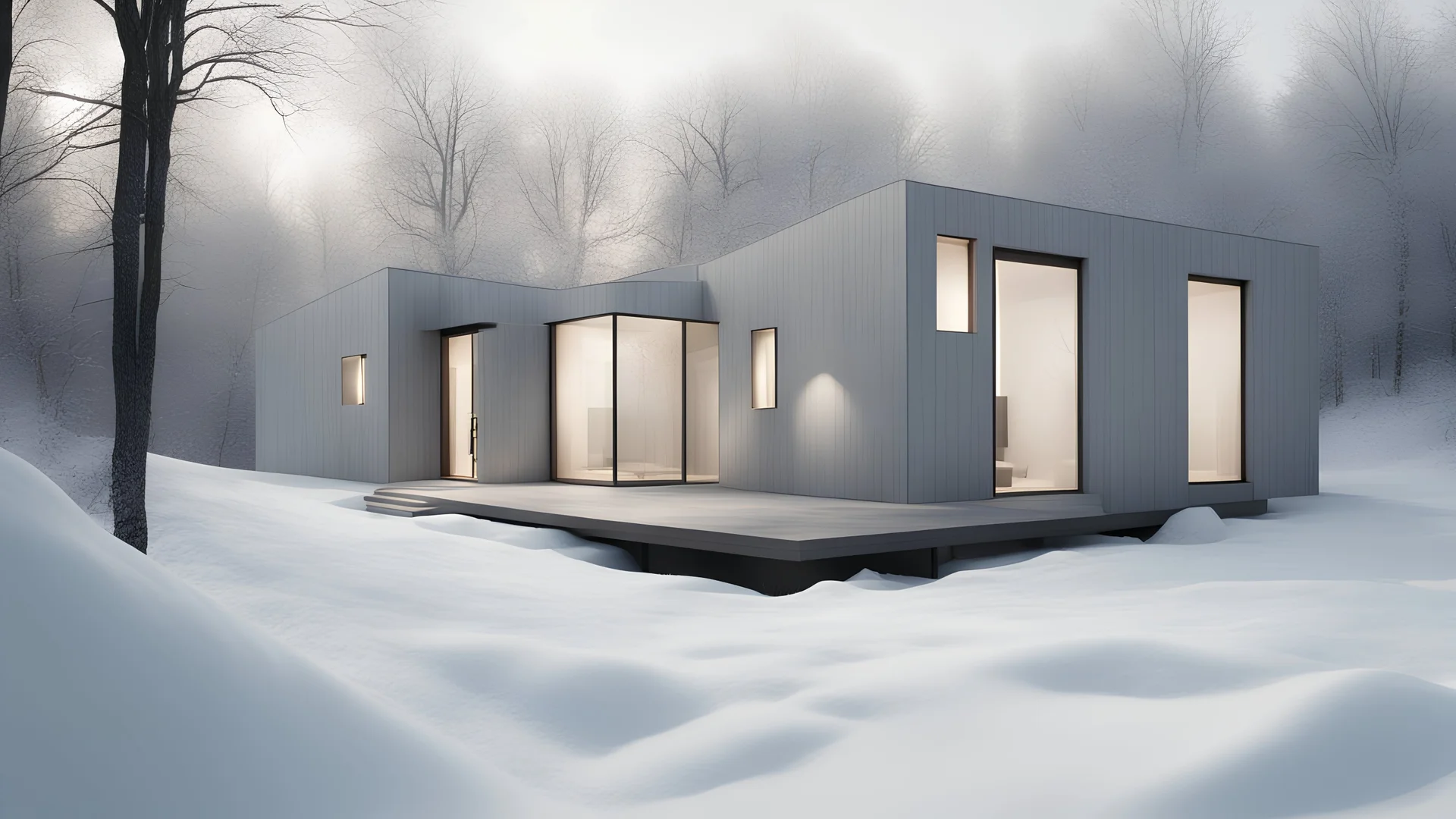 Modern and minimalist house in a winter environment is light gray, with vertical siding that gives it a subtle texture. There are small rectangular windows and a visible door, all emitting warm light from the inside. The house is situated in a snowy landscape, with several bare trees scattered around, suggesting that it is winter or a cold region.