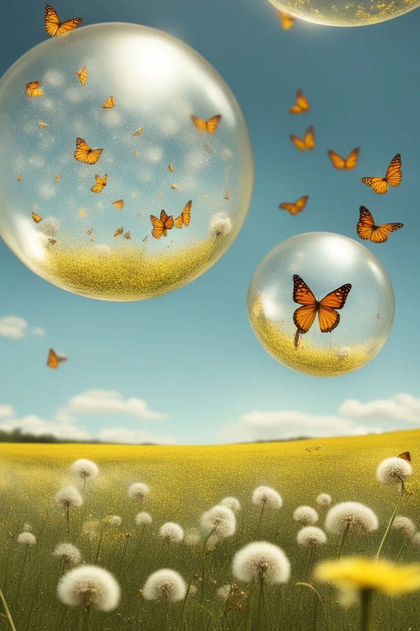 Butterflies in bubble blown up to the sky through a field of dandelions
