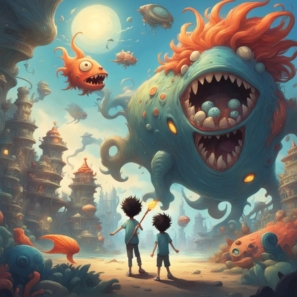 In a vivid, otherworldly landscape, a mischievous boy with wild hair, wielding a torch, strides past quirky monsters and peculiar structures. To his left, a giant, toothy fish-creature looms large, while various bizarre beings, both airborne and grounded, populate the intricate scene. A floating island holds whimsical buildings, and a looming tree casts shadows, framing the fantastical setting.