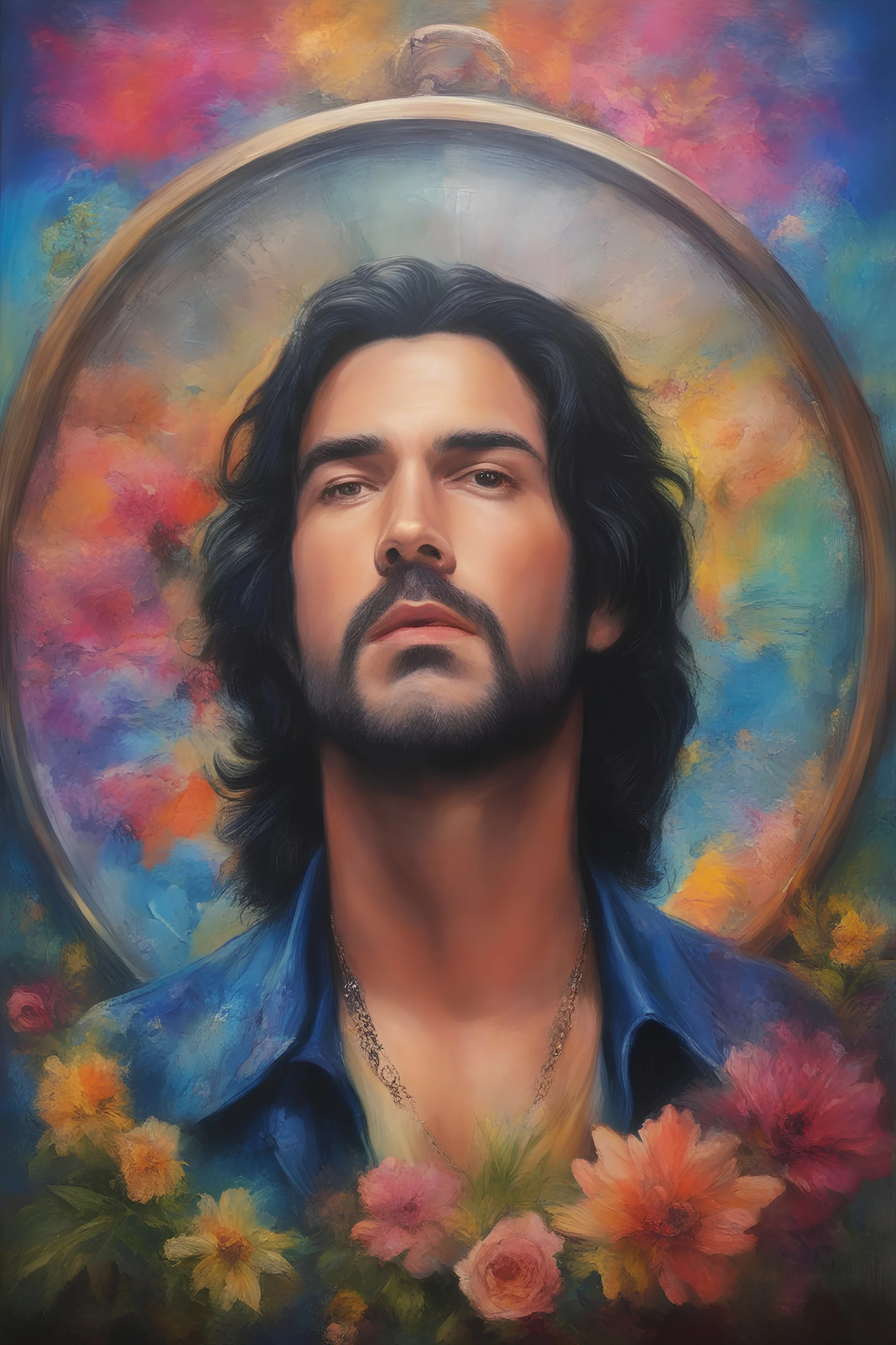 a man's face is the face of a clock, Paul Stanley/Elvis Presley/Keanu Reeves/Jon Bernthal, multicolored, large, Floral/rainbow designs, atmospheric, beautiful, oil painting by Boris Vallejo, 4k UHD, Photorealistic, professional quality