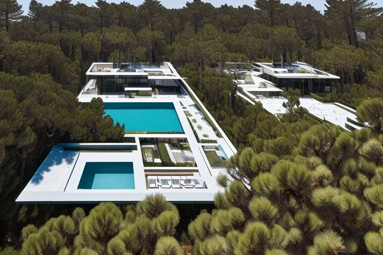 Day in quinta do lago, one straight line building of two floors on a slope of pine trees, with a 250 meters long pool on the rooftop building, modernistic luxury villa architecture with wood and gold metallic pergolas with pool on rooftop, on a slope with pinus pinea, a road wrap around for low speed veicular road