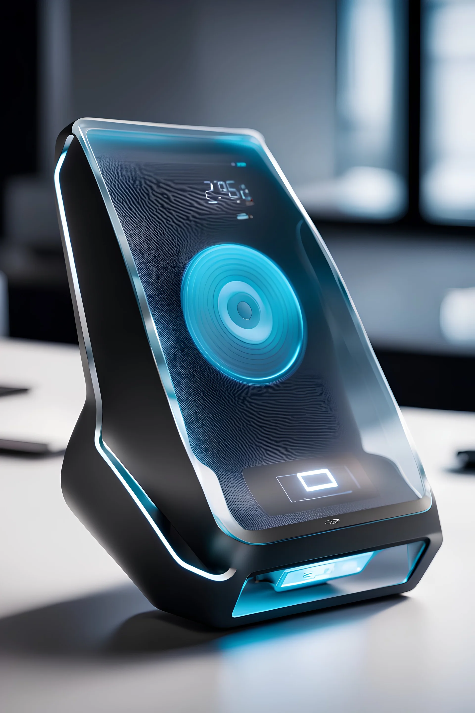 hand held CUSTOMIZABLE SPEAKER with a display screen and it is made of glass on a futuristic desk