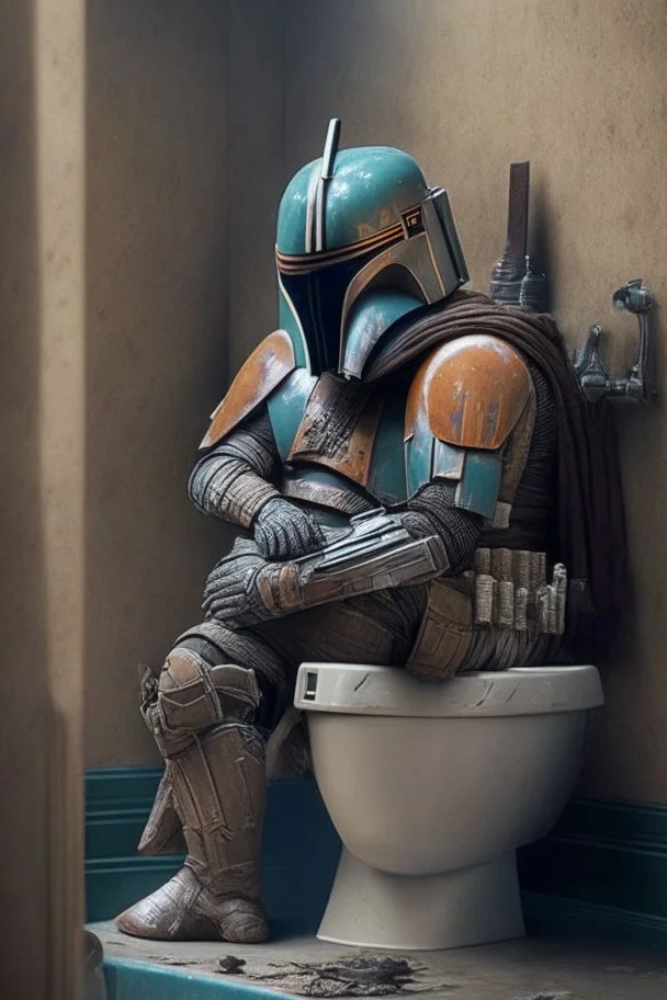 The Mandalorian sitting on a toilet