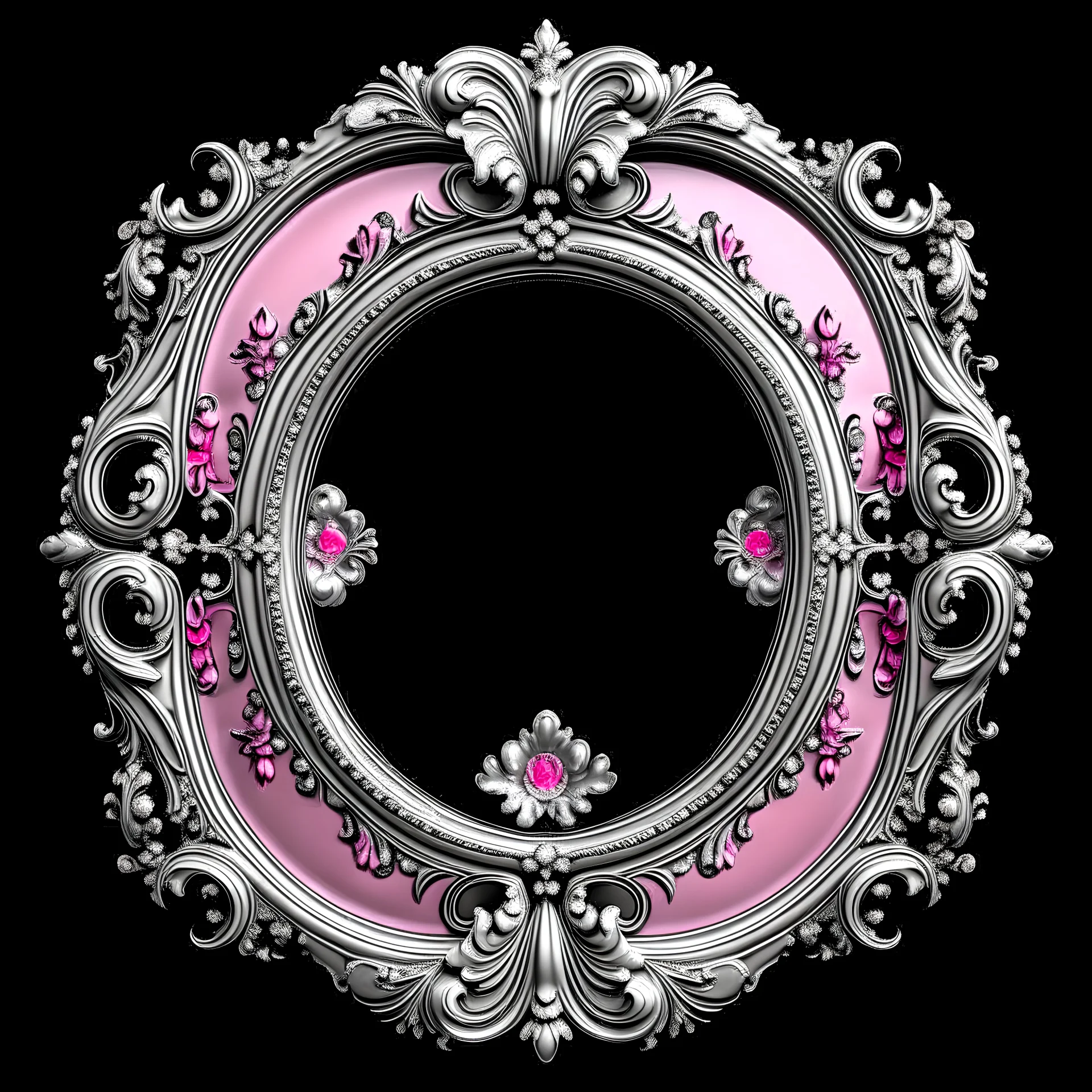 Baroque frame silver oval, with baroque frame, eye-catching frame with baroque, ornate elements, The border consists of numerous tendrils and floral motifs in pink, which are worked in great detail