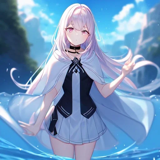 Clear focus,High resolution, Blue long hair, Light pink eyes,Wearing a white cloak,Wearing a pink short skirt,wearing a black collar,Looking away from the viewer, Blurry floating water