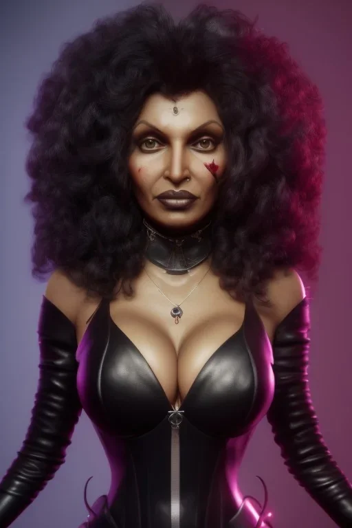 Pam Grier as evil queen in black leather, leather, busty, cleavage, angry, stern look. character design by cory loftis, fenghua zhong, ryohei hase, ismail inceoglu and ruan jia. unreal engine 5, artistic lighting, highly detailed, photorealistic, fantasy