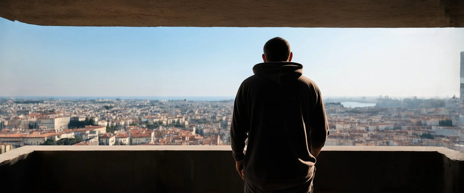 man in a hoodie watching to the city from the balcony by andrea del sarto