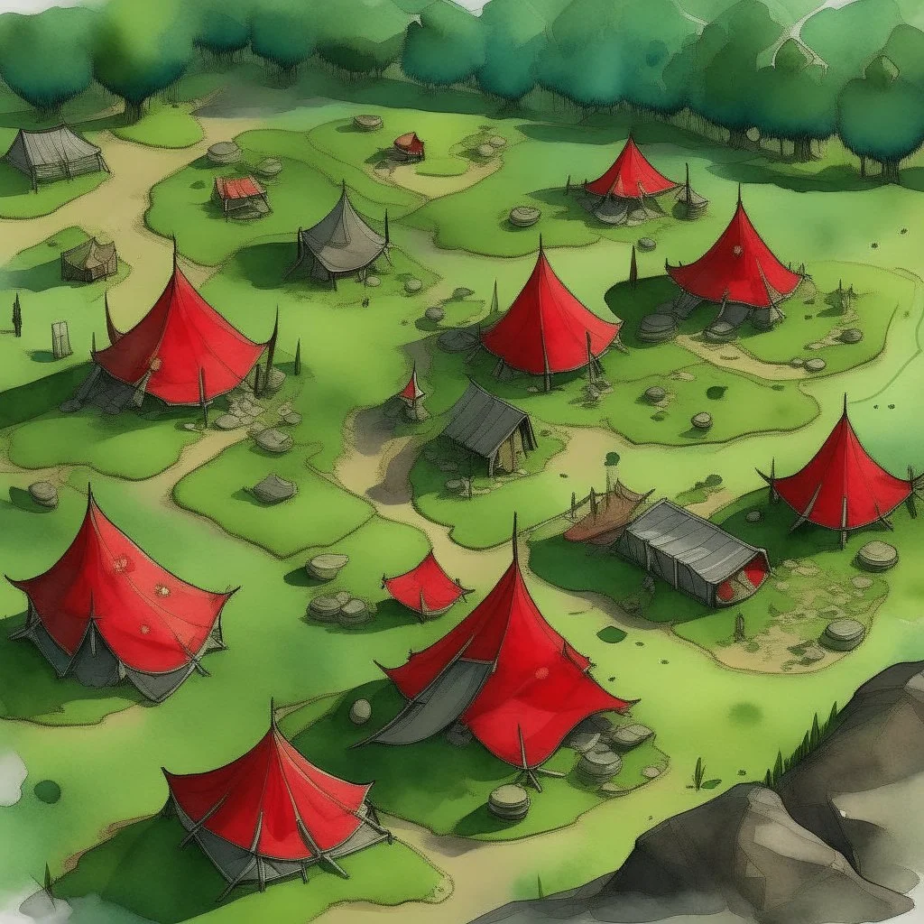 dnd, fantasy, top-down map, map of a large camp, demonic wastes, red, black sand, tents, illustration, watercolour, -green, -grass