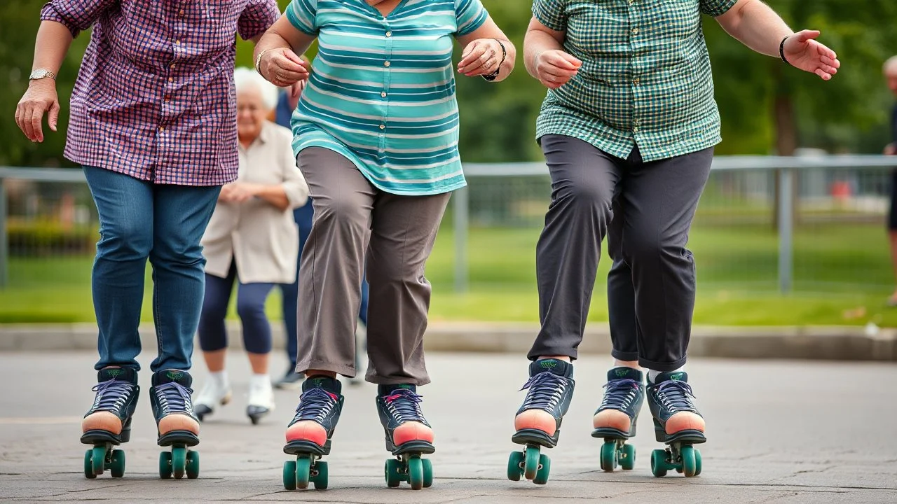 Elderly pensioners on roller skates. Head, shoulders, body, feet and skates are in the picture. Everyone is happy. Photographic quality and detail, award-winning image, beautiful composition. 28mm lens.