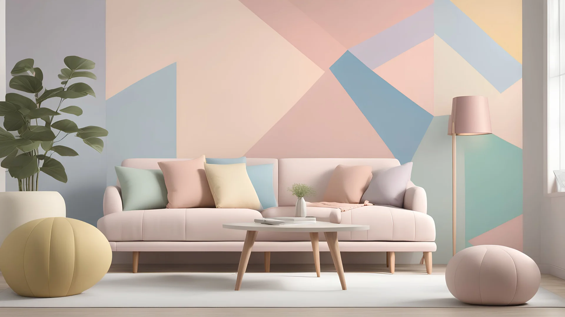 a living room with a couch and a wall mural, modern pastel colours, geometric wallpaper, pastel colours overlap, nordic pastel colors, pastel colourful 3 d, abstract wallpaper design, wallpaper design, abstract geometric, pastel colors only, colourful pastel, pastel bright colors, pastel colours, saturated pastel colors, pastel color theme, rich pastel colors, colorful pastel, pastel soft colors