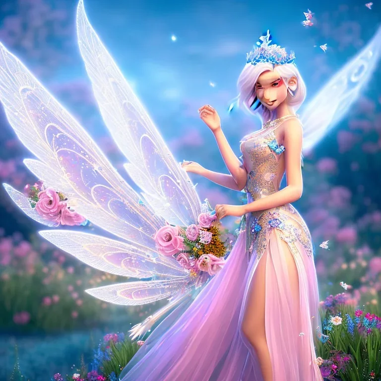 cute fantasy fairy with transparent wings, smiling, blue eyes, make up, long platinum blond hair with crown and flowers, pink dress, unreal engine