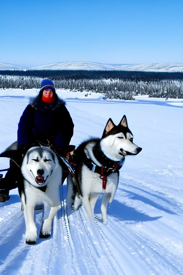 Matthew y Margaret se encuentran en un trineo tirado por un husky mientras viajan por un paisaje nevado. Se ven emocionados y un poco asustados