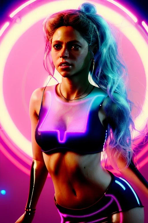 waist up portrait, Shakira, artist, Realistic image, latex style dress. loose long hair, eyes make up, perfect, glow, circle iris. Neon colors, leds, geometric shapes. Dark background, photo studio, neon lights. Cyberpunk, concept art, smooth, unreal engine 5, god lights, ray tracing, RTX, lumen lighting, ultra detail, volumetric lighting, 3d, finely drawn, high definition, 4k.