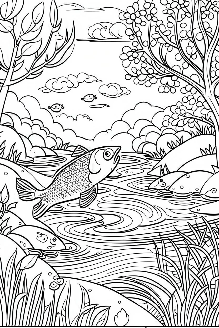 coloring page, fish in a creek, cartoon style, thick lines, low detail, no shading