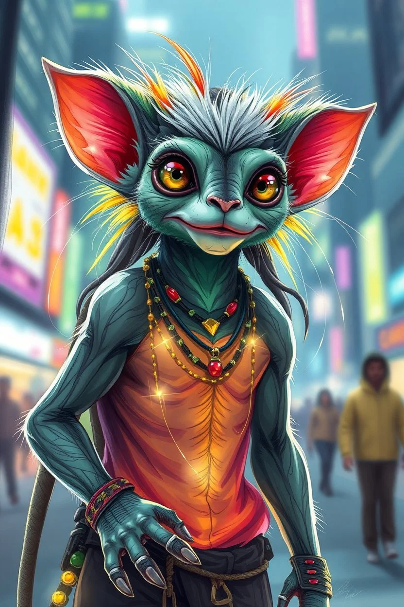 transparent gremlin sleek weasel rasta man with cute fur, in big cyberpunk city crossover, volume light and motion blur, airbrush and pen outline