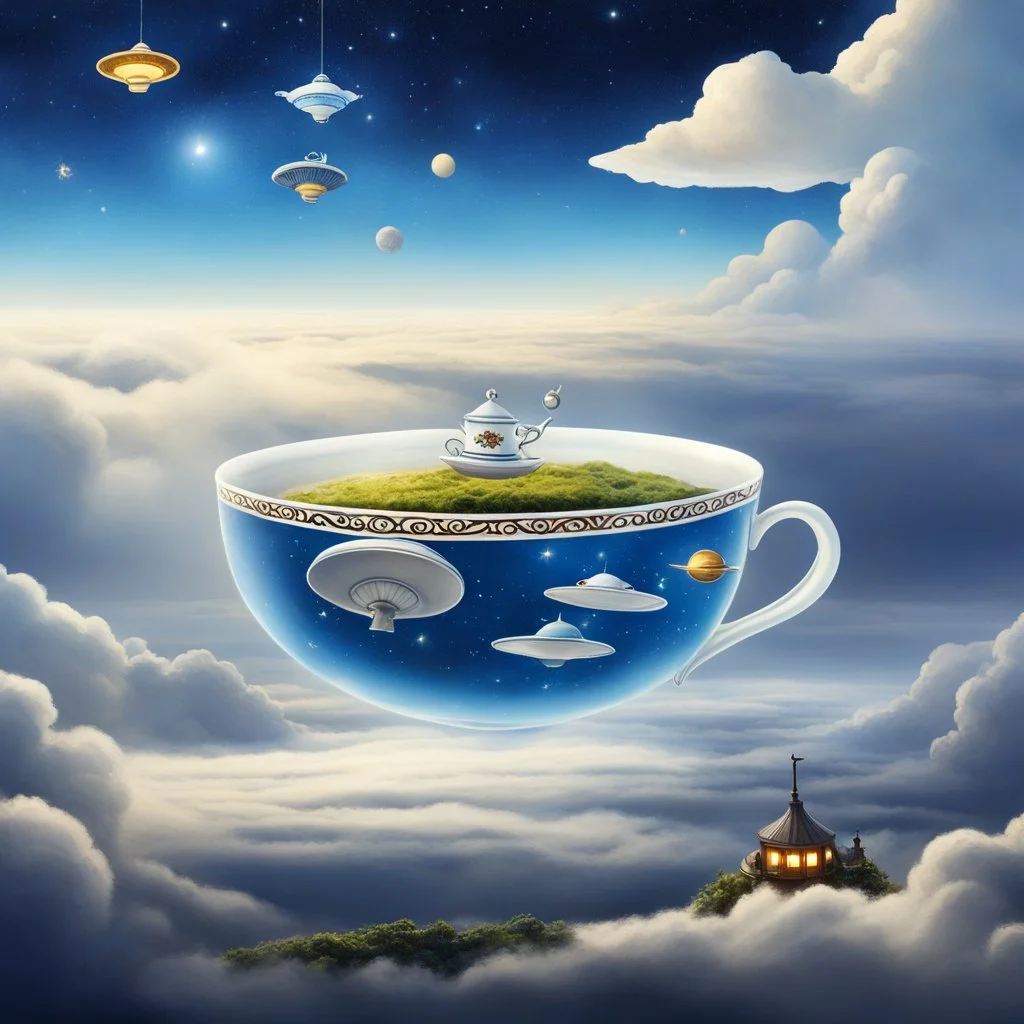 High in the sky, what do you see? Come down to Earth, a cup of tea Flying saucer, flying teacup From outer space, flying teapot