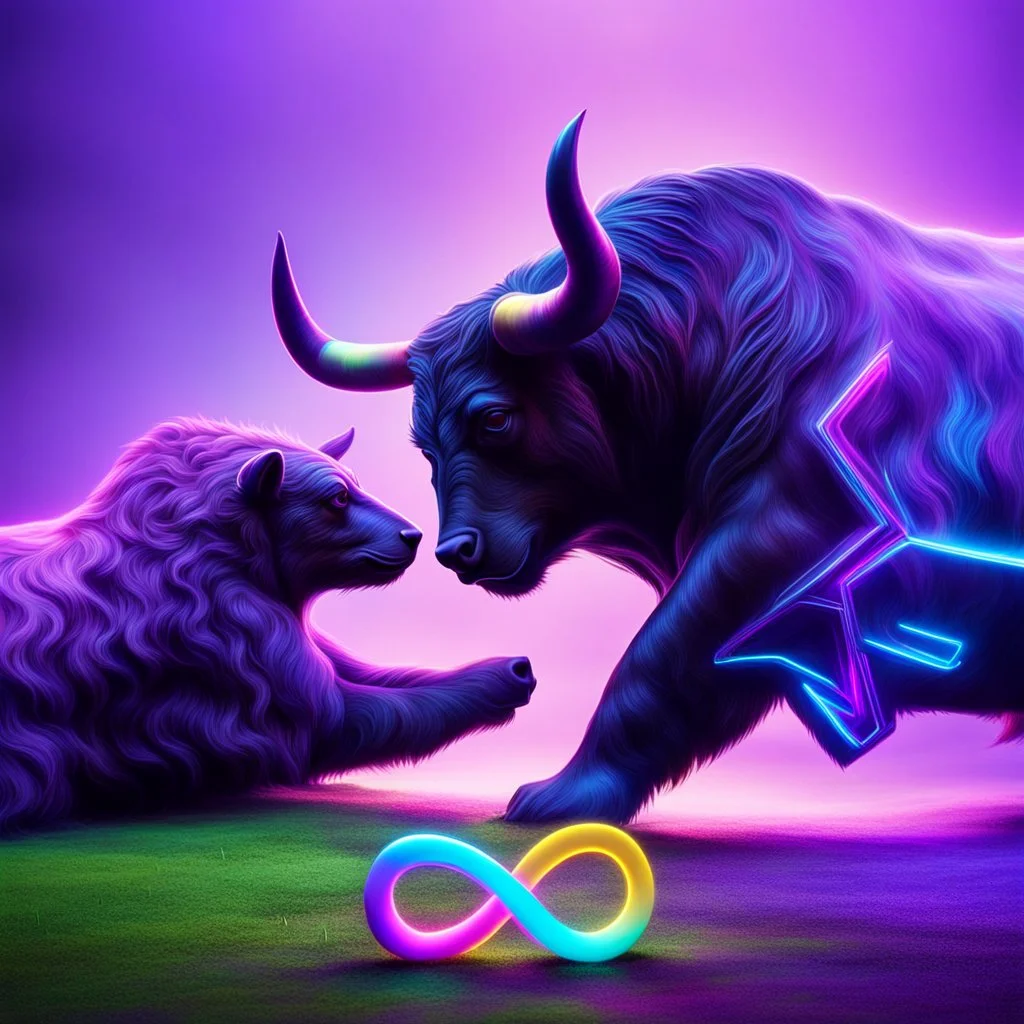 brightly coloured 3D infinity symbol ∞, bull with horns on right fighting with a bear on left, bull is winning, DSLR with a 80mm lens f/16 and a slow shutter speed of 1/15s, realistic photograph, striking, neon, vibrant, chiaroscuro, dramatic, captivating, high-tech, powerful, fantasy, beautiful, octane render, 16k post-production, award-winning photo: atmospheric: commanding: clarity: ultra quality: striking: brilliance: stunning colors: amazing depth