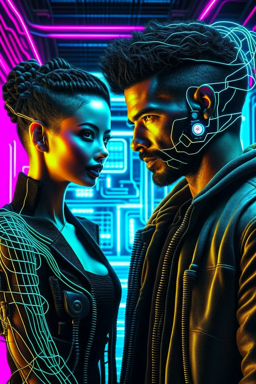 a handsome cyberpunk man connected by wires with a beautiful cyberpunk woman