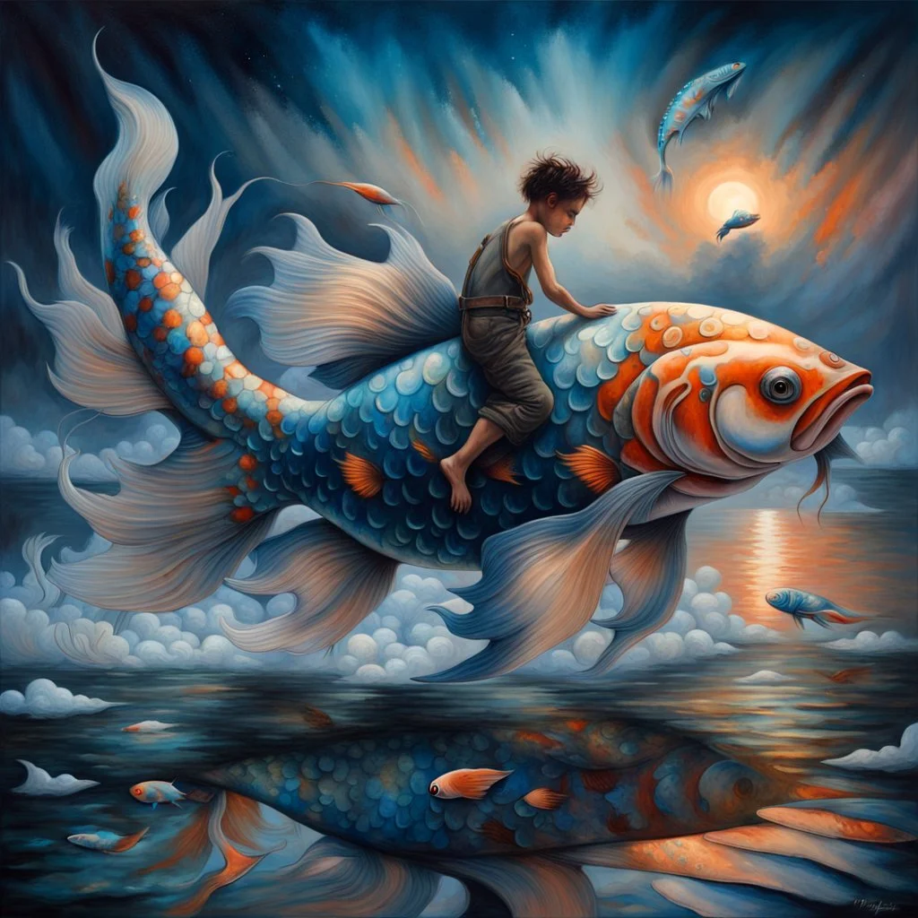 dreamlike, Esao Andrews-esque scene where a barefoot boy in tattered overalls rides atop a colossal, iridescent koi fish through a surreal twilight lagoon, his arms wrapped around the fish's sleek, glistening body as if it were a trusty steed. The fish's scales shimmer with impossible huespearlescent blues melting into burnt orangeswhile its fins fan out like delicate silk banners torn from some celestial tapestry. Around them, the water refracts into liquid prisms, distorting reflections of gna