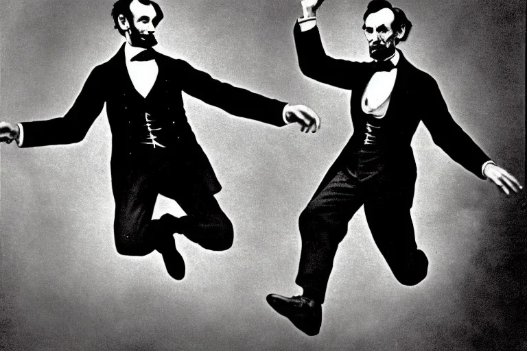 Abraham lincoln jumping in the air while playing lead guitar for the kinks