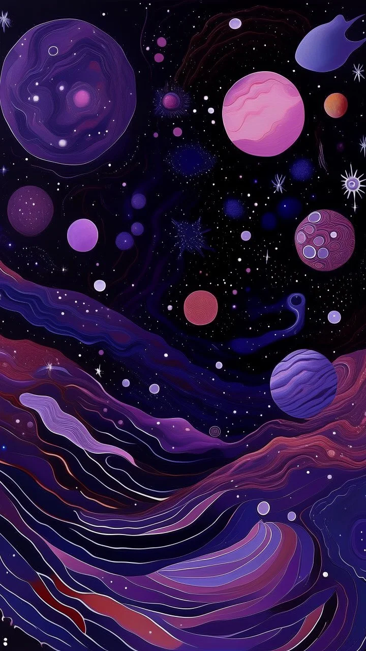 A violet outer space with planets and stars designed in Australian aboriginal art painted by Guo Xi