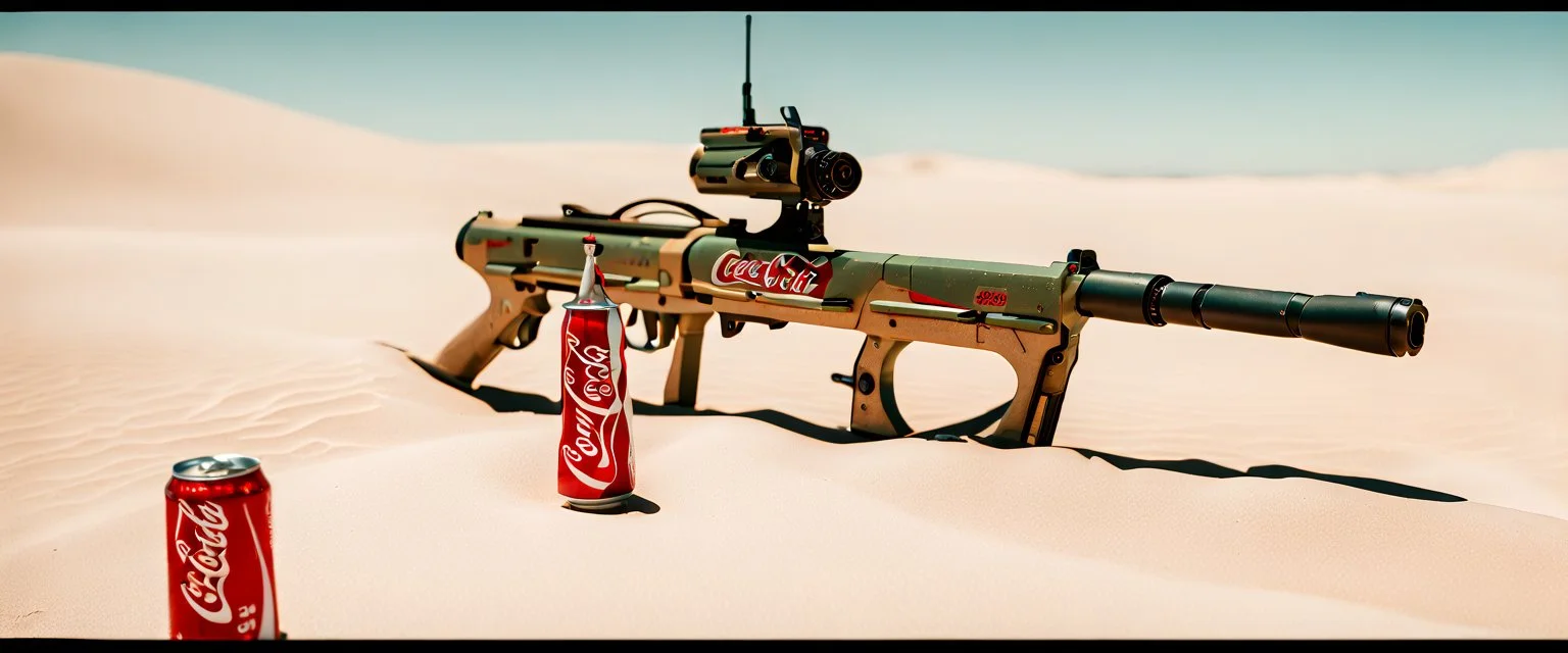 Coca-Cola Branded Military Suicide Gun Drone, Isreali Desert, cinematic, Fuji Film, Anamorphic lens, 2040s, deep depth of field, in a Cyber punk WW3 film