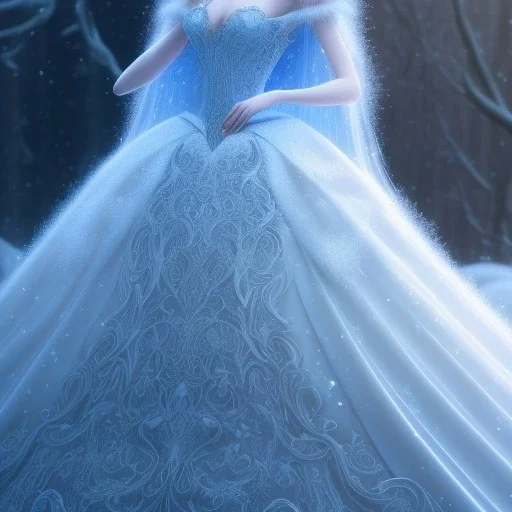 cinderellas ball dress ,magical, snow, sharp, intricate ornate, elegant, highly detailed, icy blue, artstation, concept art, smooth, sharp focus, illustration, 8k,epic fantasy, iridescent accents