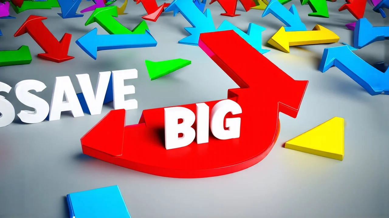 3d red arrow pointing left with a background full of other colorful arrows racing past. "SAVE BIG" written in front arrow