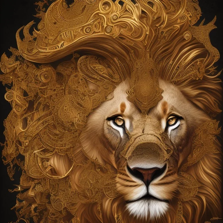 Portrait of one lion, Moroccan traditional art, black and gold, dark, 4k, details