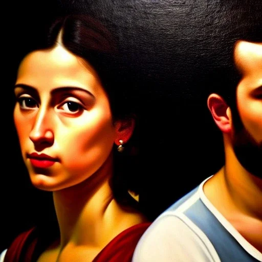 portrait of Jacobo Santiago Mozos born in 1976 and Gemma Arnau Arnau born in 1979,Caravaggio, oil on canvas, cinematic composition, extreme detail,8k,fit full head inside picture,