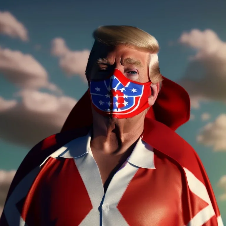 realistic image of donald trump as a mexican wrestling fighter posing outdoors, Mexican eyes wrestling mask, red and blue breeches, confederate flag cape, retro style, 80s, vibrant color, highly detailed, sky background, concept art, unreal engine 5, god rays, ray tracing, RTX, lumen lighting, ultra detail, volumetric lighting, 3d, finely drawn, high definition, high resolution.