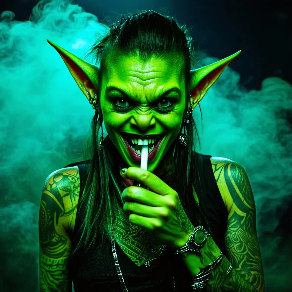 The image shows a female goblin with a mischievous grin, her sharp teeth peeking out as she takes a drag from a joint. Her emerald green skin is adorned with intricate tattoos and piercings, adding to her rebellious and edgy appearance. She wears a mix of tattered and modern clothing, combining elements of fantasy and urban street style. The goblin's gaze is intense and alluring, hinting at a complex personality that defies traditional expectations. In the background, a faint haze of smoke envel