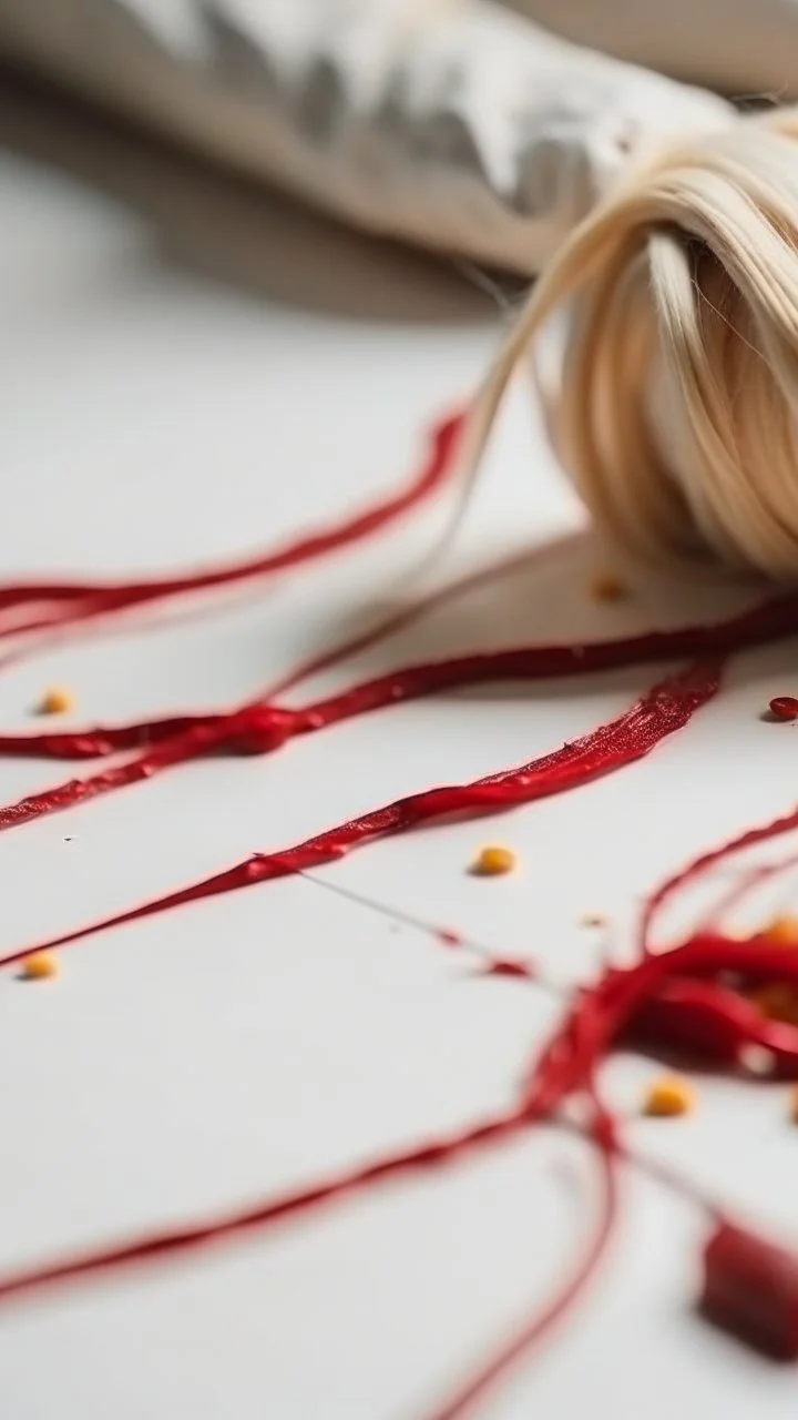 blonde hair strands on white fabric with measuring tape and drops of blood.cinematic