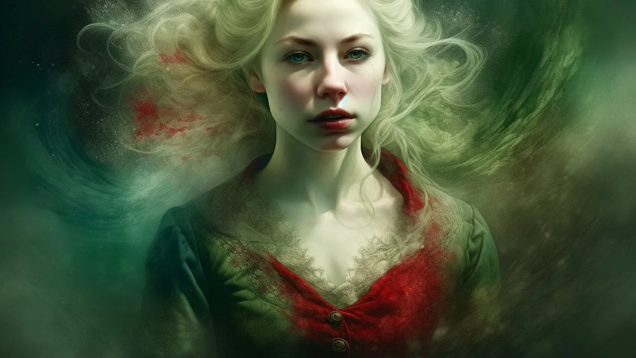 old worn plain canvas, grunge, layered, embossed, double exposure, artistic luminous watercolor, glitter, midground, luminosity, highlights, gold highlights, light effects, dark grey green highlights, portrait of victorian gothic platinum blonde woman, red lips, fluffiness, wind, airy fluttering dress, swirls, layered, blending, textured, 3D, 8K, best quality, fine rendering, high detail, hyperrealism, high resolution, high definition, layered, pin sharp, hyperfocus, vignette