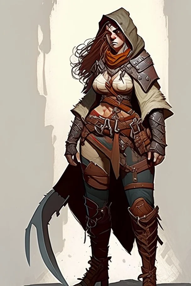 female barbarian dnd character wearing pants and hood