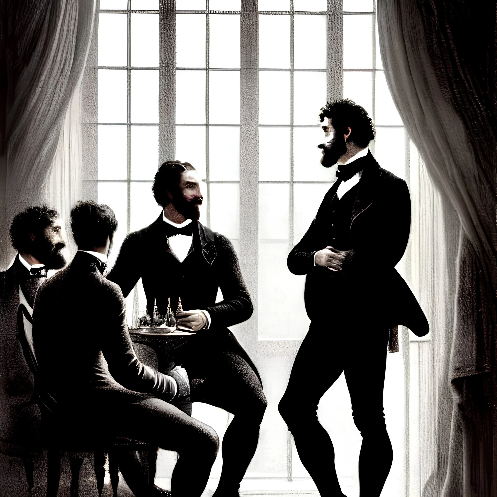 hyper realist, silhouettes, small group of victorian elegant men discussing, hyper detailed, realist, awesome, chiaroscuro, high contrast, black and white, quill pen, gustave dorè style