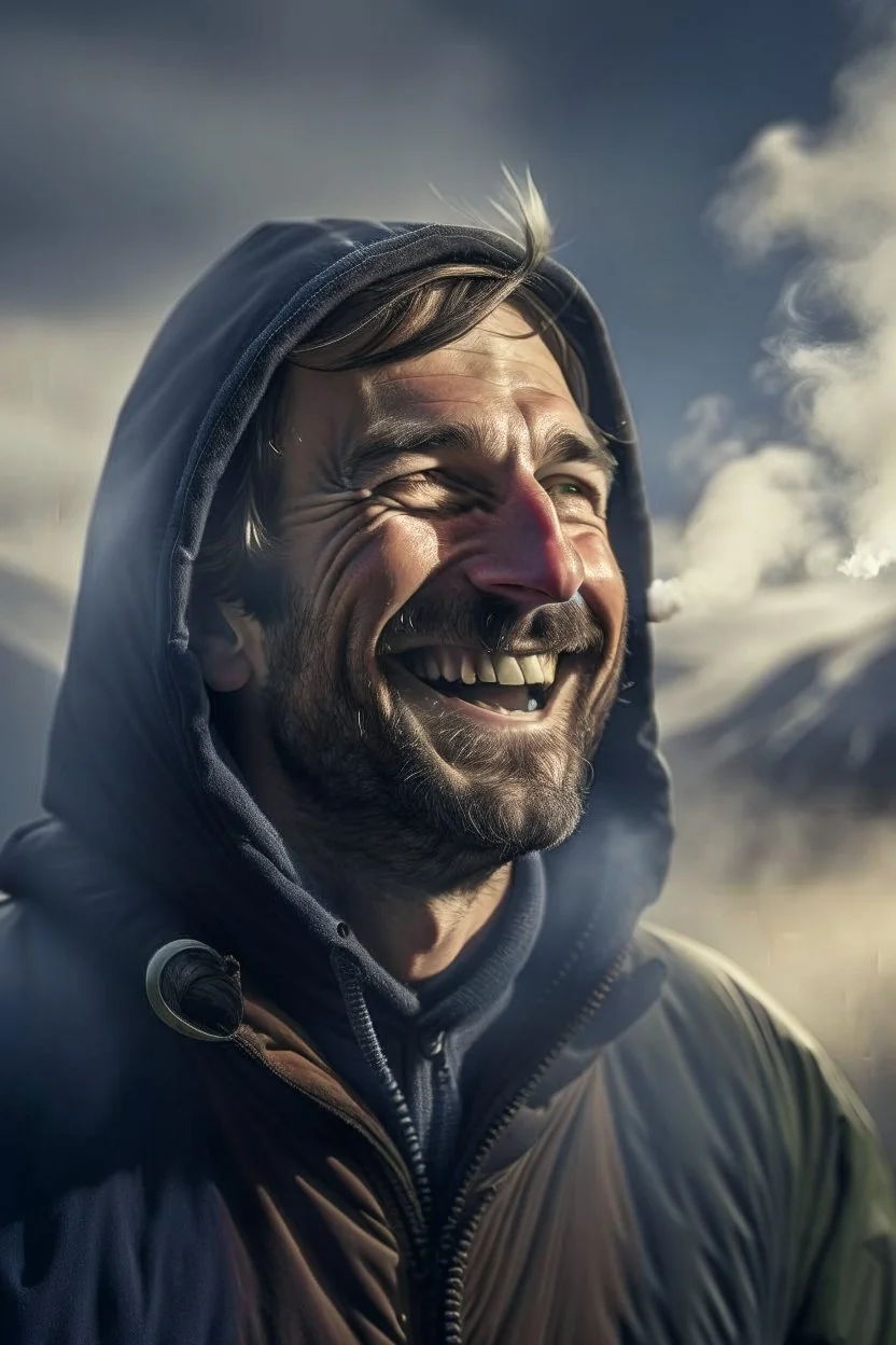 film grain for realism, portrait of hero laughing smoke rings at mountain top , lightening storm brewing,shot on Hasselblad h6d-400c, zeiss prime lens, bokeh like f/0.8, tilt-shift lens 8k, high detail, smooth render, down-light, unreal engine, prize winning