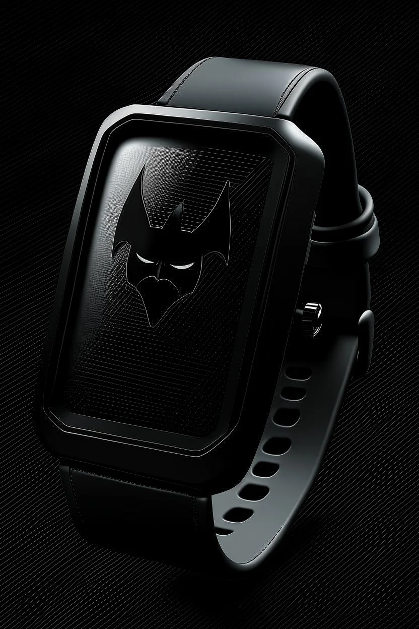 "Produce an artistic rendering of a Batman-themed smartwatch. The watch should have a modern, high-tech design with a square, touchscreen face. The bat logo on the watch face should be integrated seamlessly into the interface, with a dark and minimalist theme. Showcase the watch on the wrist of a person in a stylish, contemporary setting."