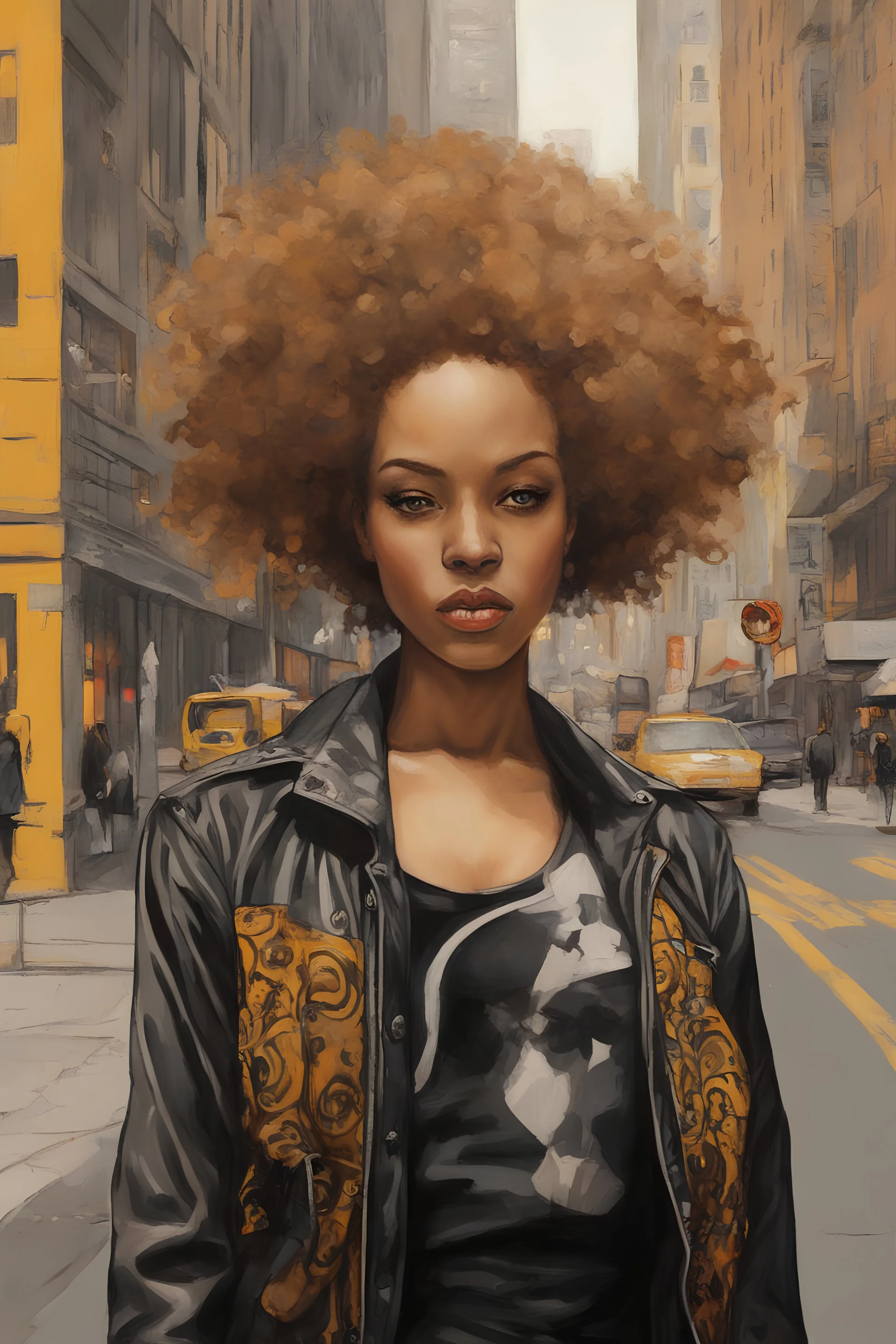 Kenya Grace of lovely bombshells punk rock girl style oil painting Gustav Klimt style, dream, symptom, image in the background in the city artgerm display Andy Warhol style artgerm display in the 20 th century New York City. New York was like an adventure , and the city itself seemed like a big illusion, full of light and shadows.