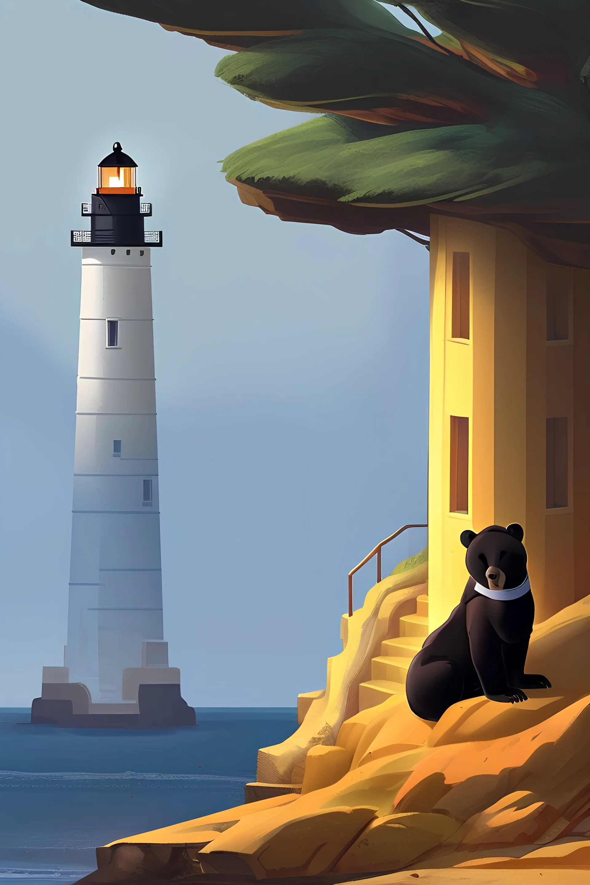 On a cliff over the sea, with a lighthouse in the background,A bear in a tuxedo is paying a respect to a widow near a yellow coffin